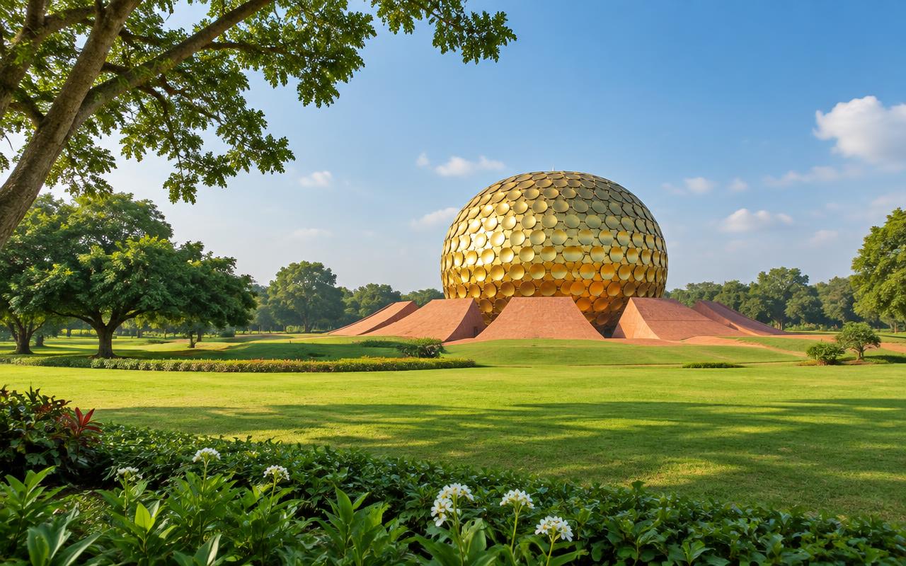 Illustration of the Matrimandir viewed from the garden at Auroville
