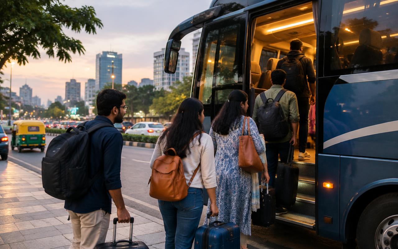 Group travellers boarding a coach in Bangalore