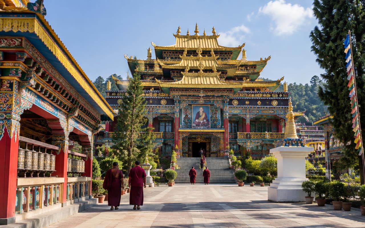 Illustration of Namdroling Golden Temple in Bylakuppe