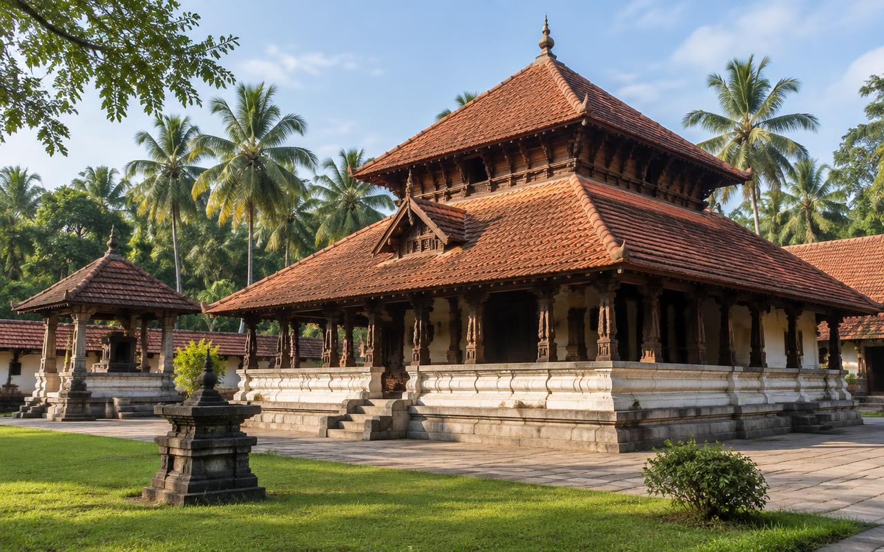 Illustration of a traditional coastal Karnataka temple; not a specific temple