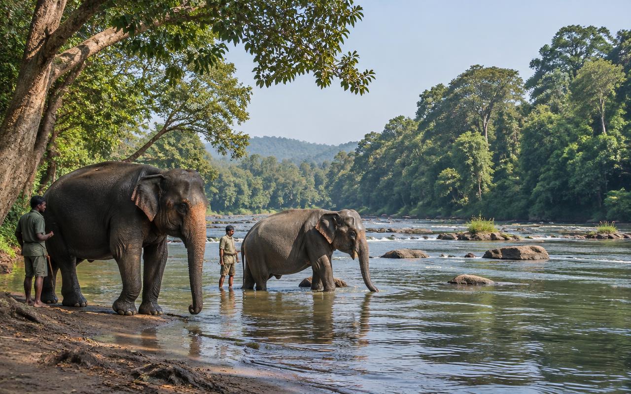 Illustration of elephants beside the Cauvery River at Dubare