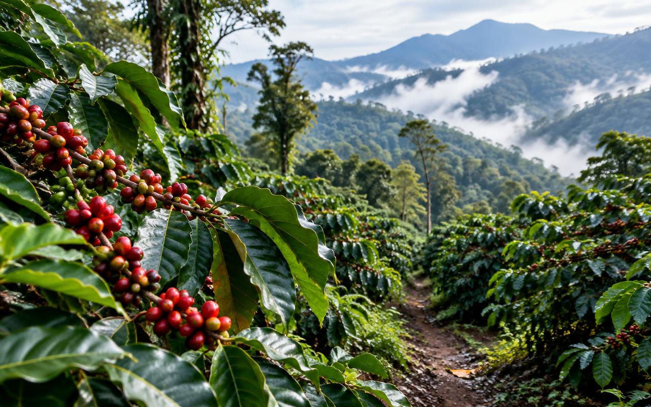 Illustration of coffee plants and hills in Coorg