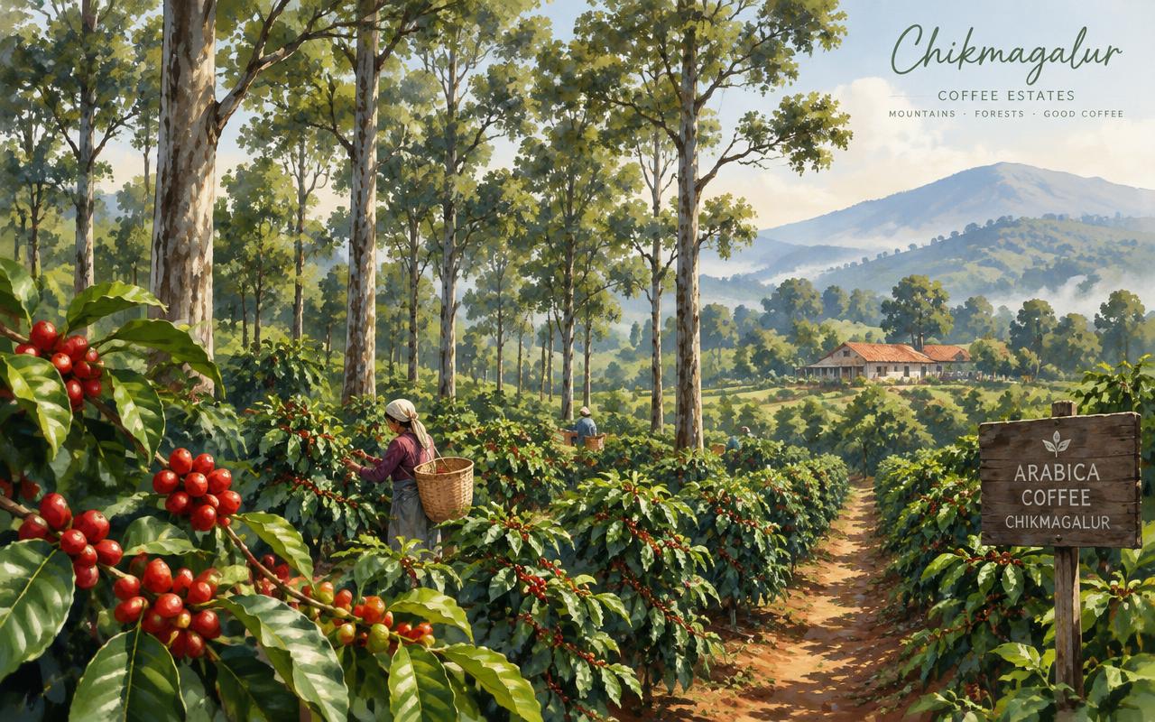 Illustration of a Chikmagalur coffee estate